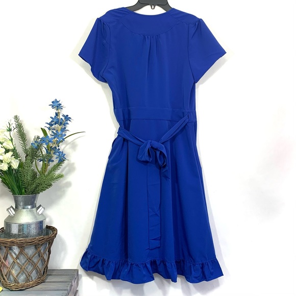 NWOT Lark & Ro Women's Blue Short Sleeve Ruffle Wrap Dress - Picture 9 of 12